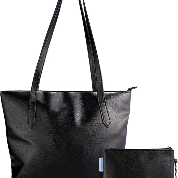 Black Large Faux Leather Tote Bag Womens Shoulder Purse Multiple Pockets - Picture 1 of 9